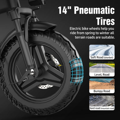 Glide max Electric Bike for Adults, 14" Tires, 20mph 25miles Long Range, 500W Motor, Folding Electric Bicycle for Commuting, 500W Motor, 48V 10AH Removable Battery E Bike, Dual Disc Brakes