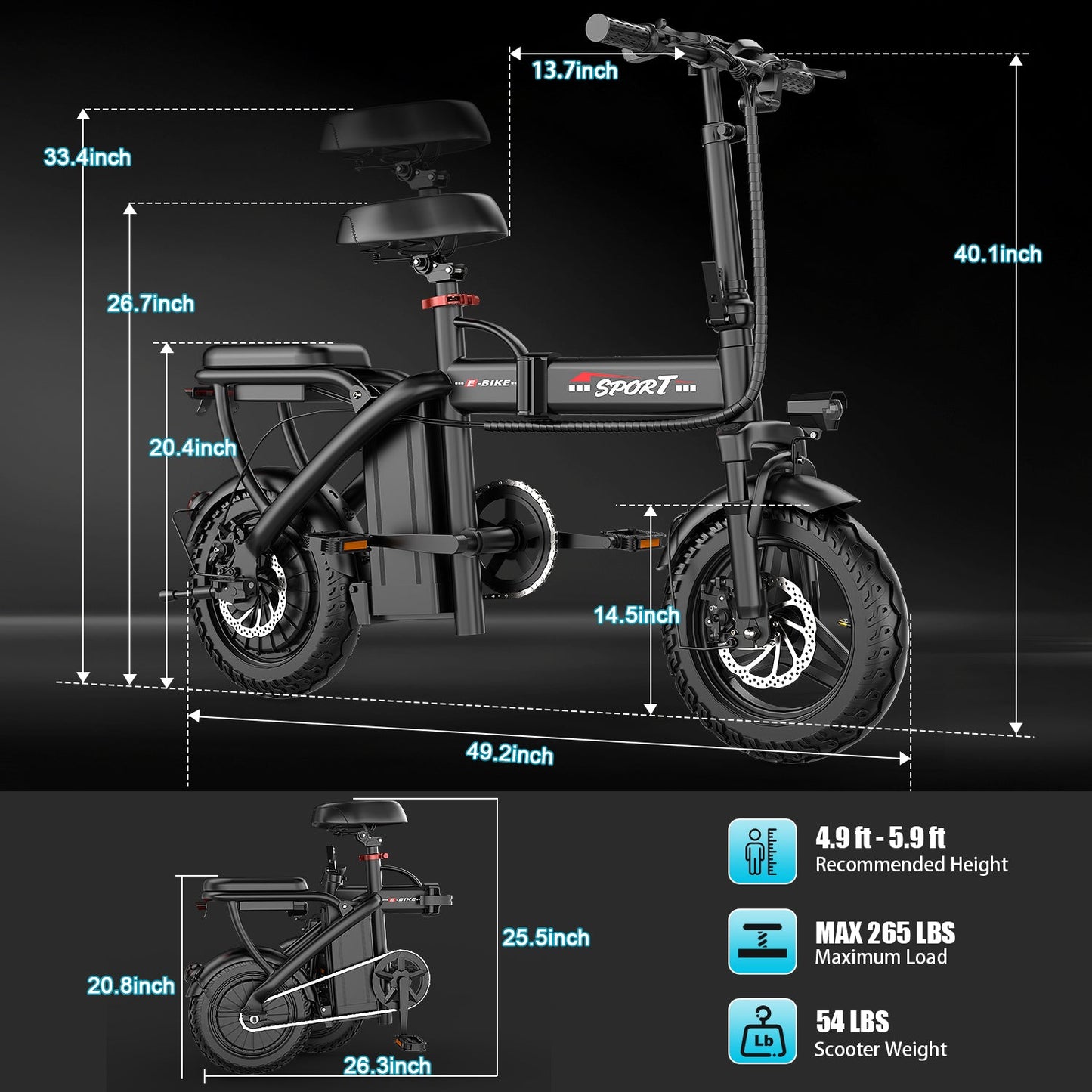 Glide max Electric Bike for Adults, 14" Tires, 20mph 25miles Long Range, 500W Motor, Folding Electric Bicycle for Commuting, 500W Motor, 48V 10AH Removable Battery E Bike, Dual Disc Brakes