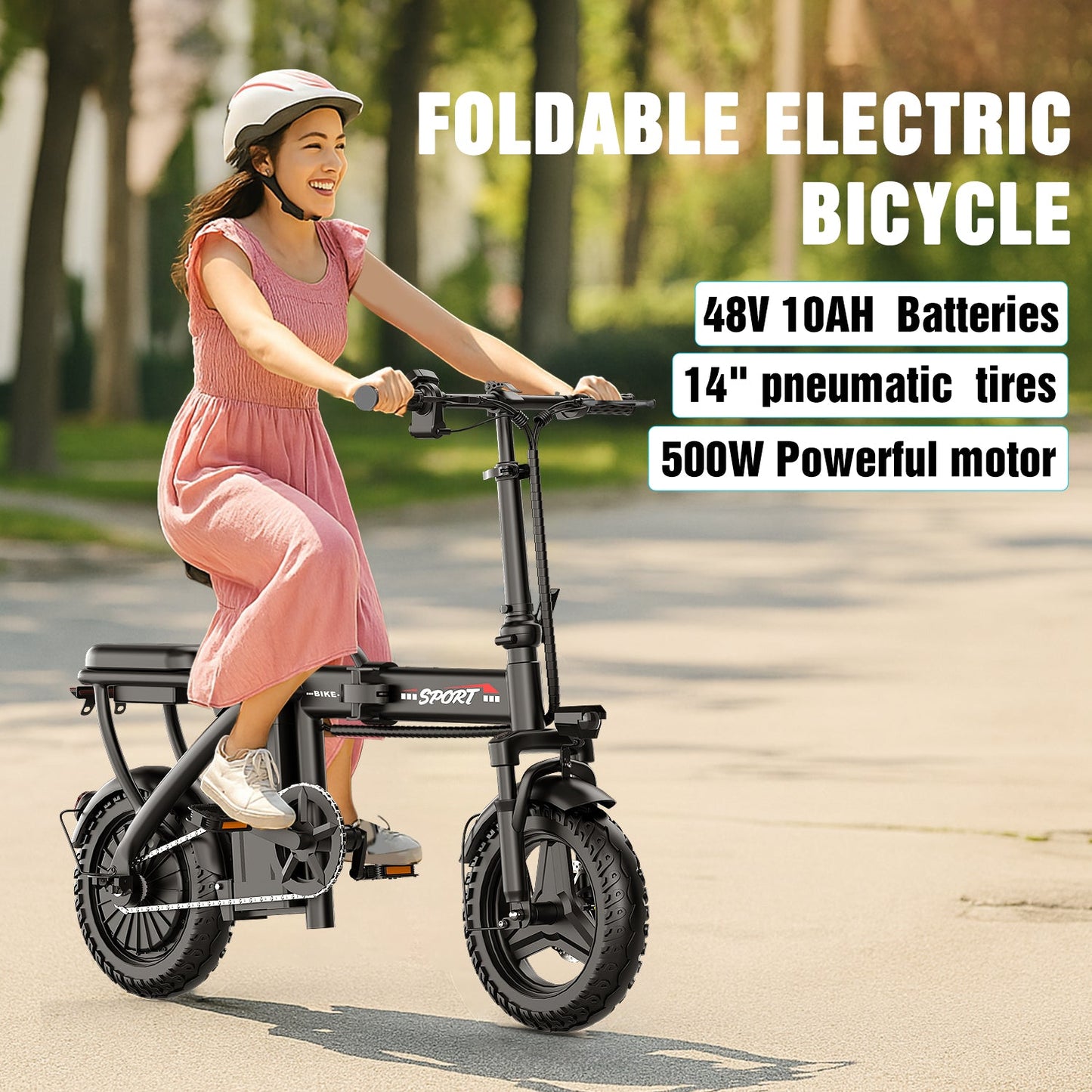 Glide max Electric Bike for Adults, 14" Tires, 20mph 25miles Long Range, 500W Motor, Folding Electric Bicycle for Commuting, 500W Motor, 48V 10AH Removable Battery E Bike, Dual Disc Brakes